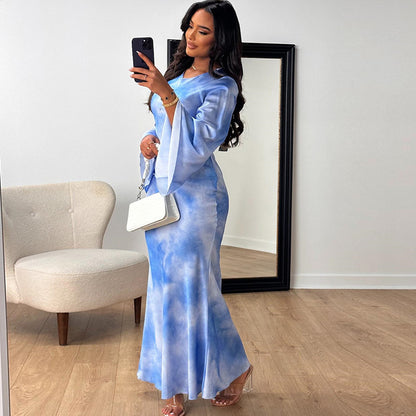 round Neck Dress Printed Bell Sleeve Slim Fit Pullover Street Mid-Rise Fishtail Dress